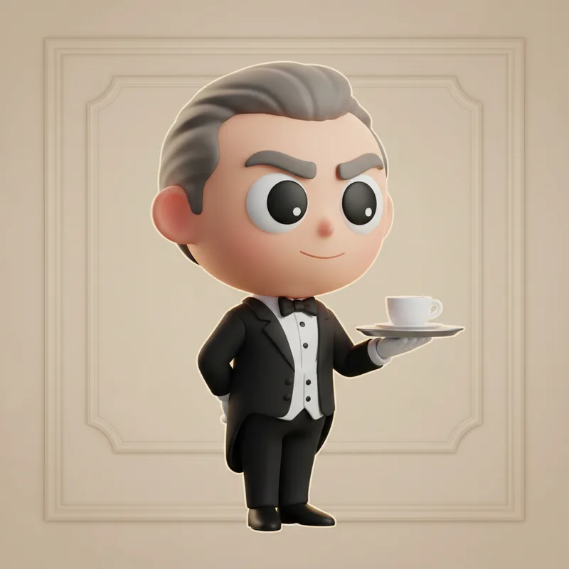 3D british butler character regarding the Instagram feed with polite disdain