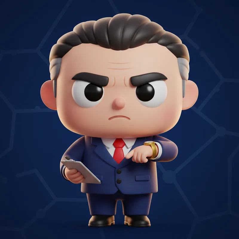 CEO character tapping his watch at time lost to distracting sites