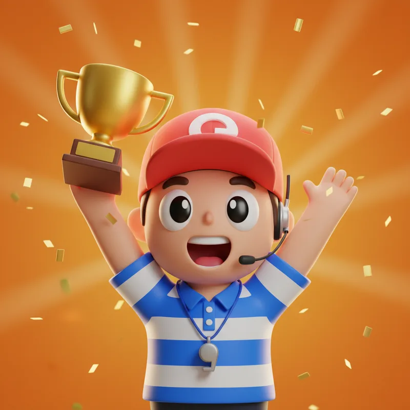 Coach character celebrating a finished exam with a trophy
