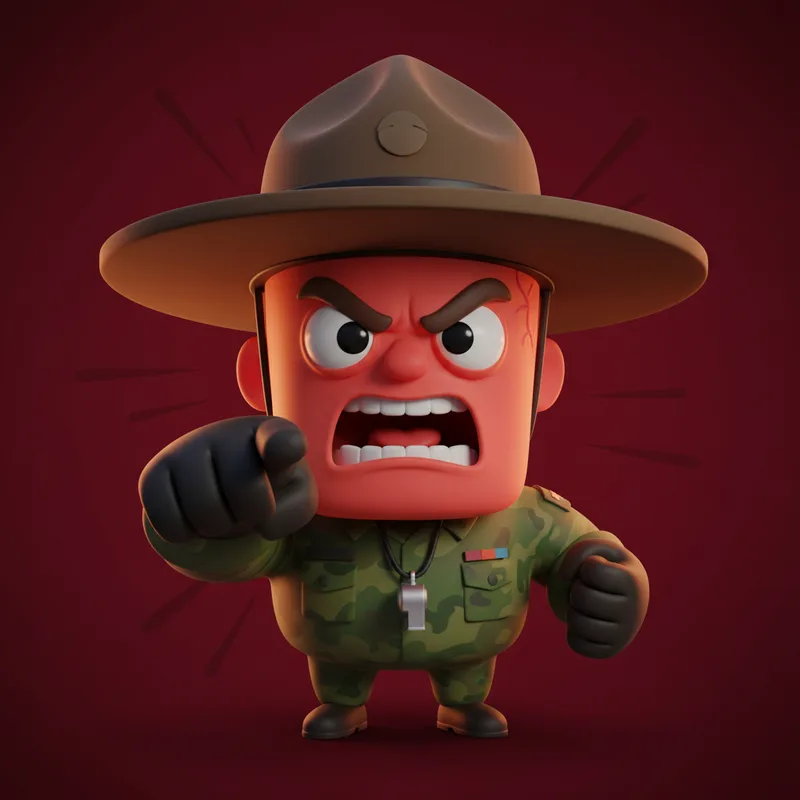 3D drill sergeant character furious during a hard block on a distracting site